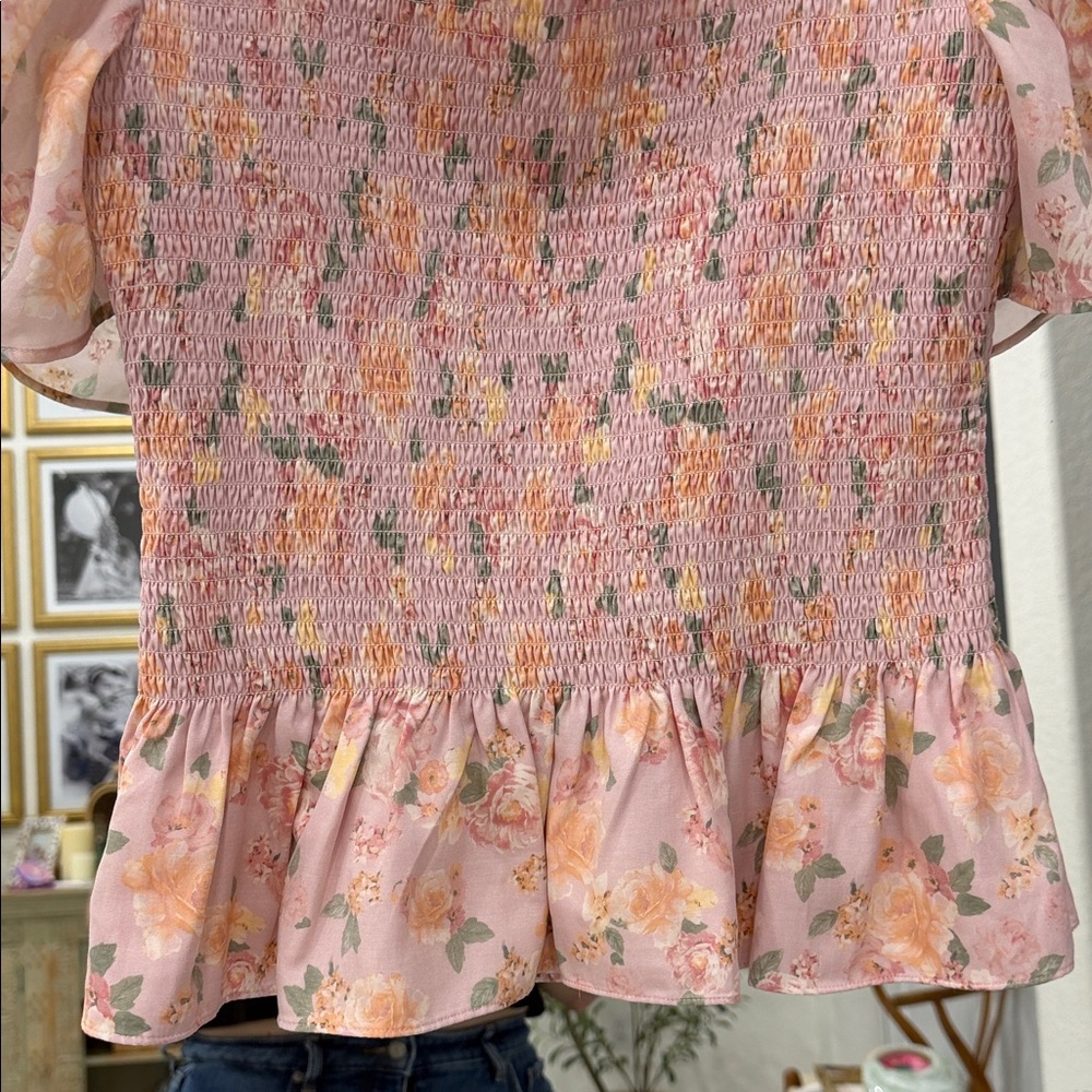 Rachel Parcell Floral Smocked Blouse in Pink and Orange - Picture 4 of 6